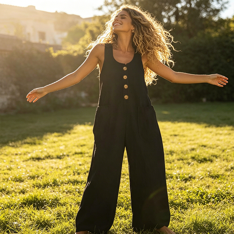 Combinaison Femme Sans Manches à Jambe Large avec Poches