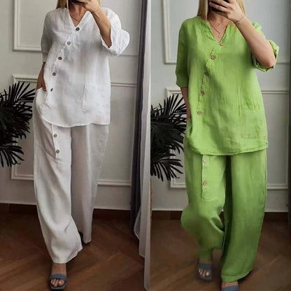 Ensemble 2 pièces décontracté et chic à boutons pour femmes