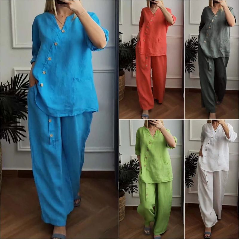 Ensemble 2 pièces décontracté et chic à boutons pour femmes