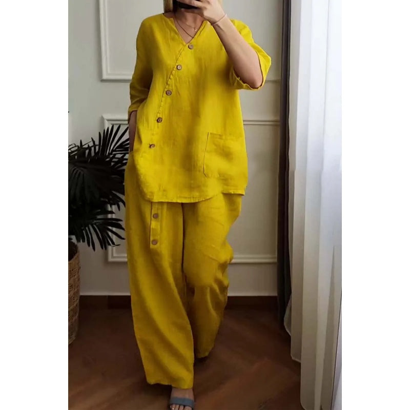 Ensemble 2 pièces décontracté et chic à boutons pour femmes