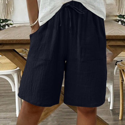 Short taille haute élastique en coton et lin pour femme