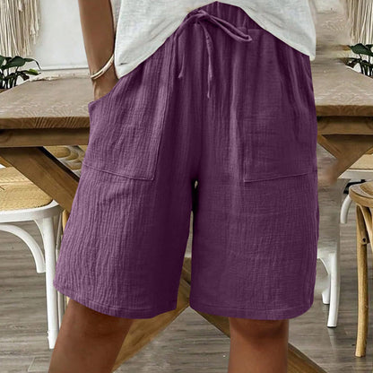 Short taille haute élastique en coton et lin pour femme
