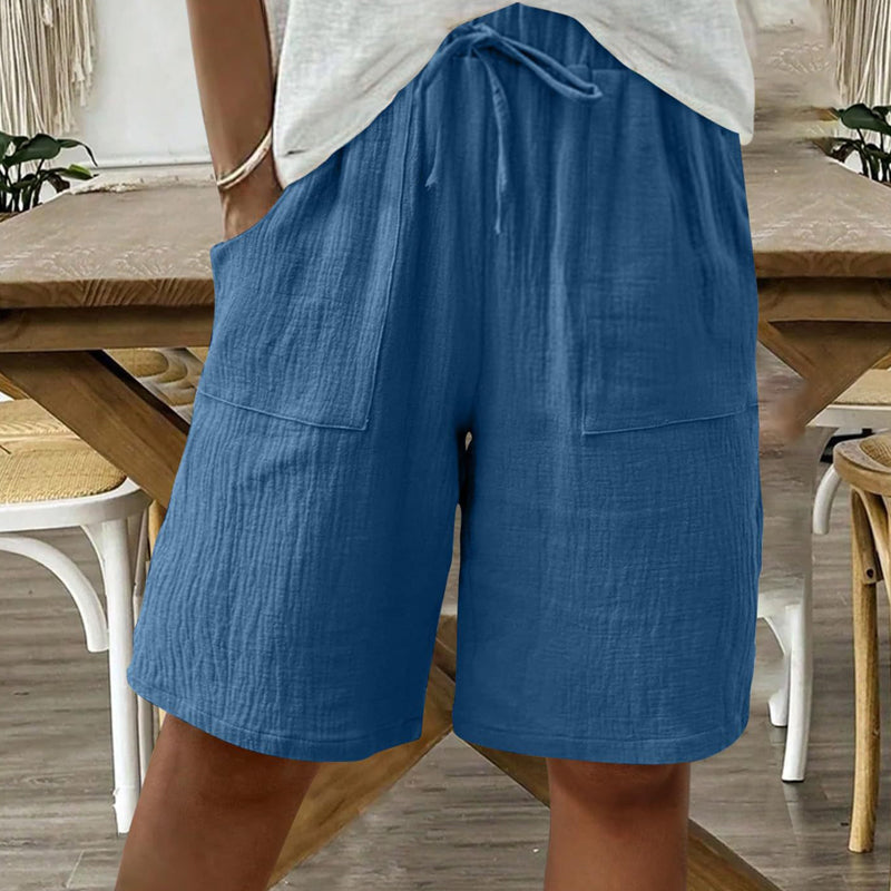Short taille haute élastique en coton et lin pour femme