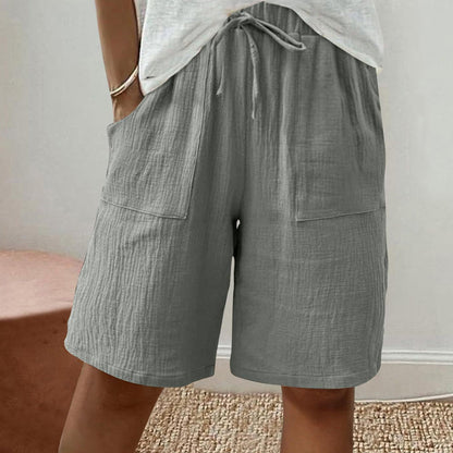 Short taille haute élastique en coton et lin pour femme