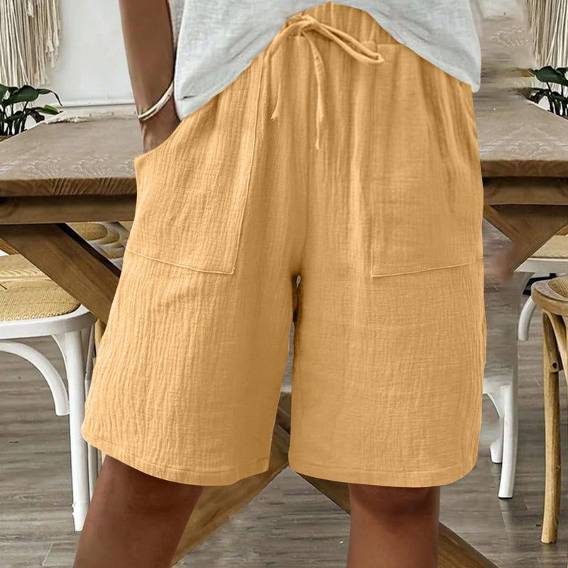 Short taille haute élastique en coton et lin pour femme