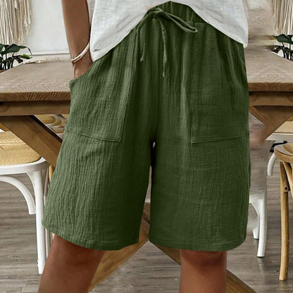 Short taille haute élastique en coton et lin pour femme