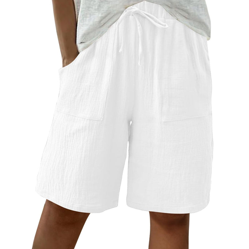 Short taille haute élastique en coton et lin pour femme
