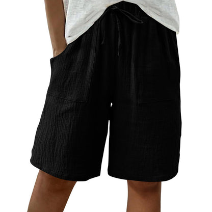 Short taille haute élastique en coton et lin pour femme