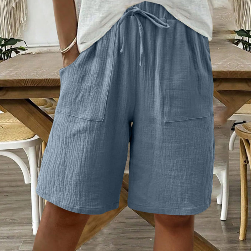 Short taille haute élastique en coton et lin pour femme