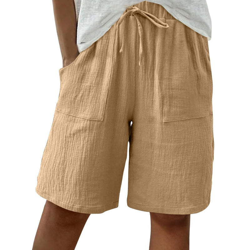 Short taille haute élastique en coton et lin pour femme