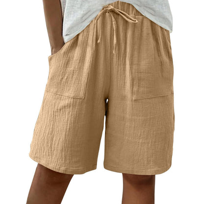 Short taille haute élastique en coton et lin pour femme