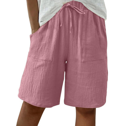 Short taille haute élastique en coton et lin pour femme