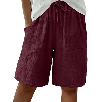 Short taille haute élastique en coton et lin pour femme