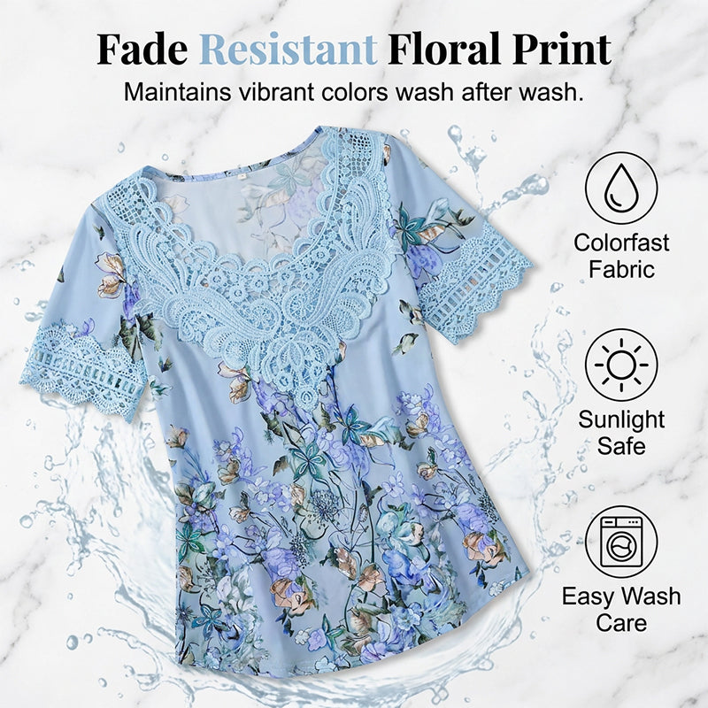 T-shirt Femme Col Rond avec Bordure en Dentelle