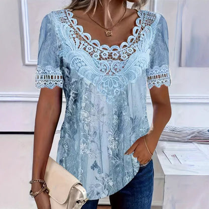 T-shirt Femme Col Rond avec Bordure en Dentelle