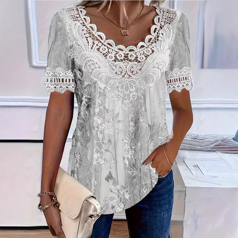 T-shirt Femme Col Rond avec Bordure en Dentelle