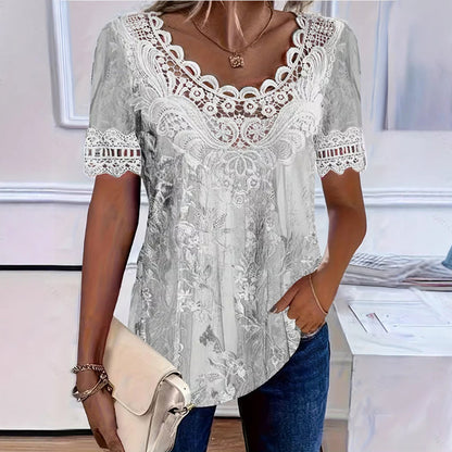 T-shirt Femme Col Rond avec Bordure en Dentelle