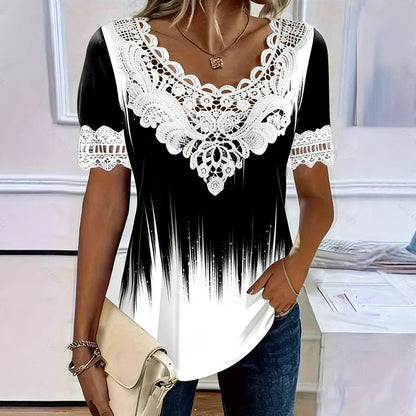 T-shirt Femme Col Rond avec Bordure en Dentelle