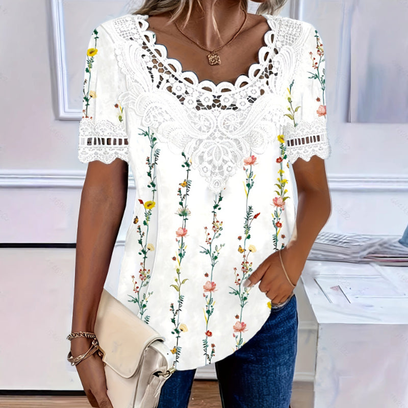 T-shirt Femme Col Rond avec Bordure en Dentelle