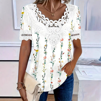 T-shirt Femme Col Rond avec Bordure en Dentelle