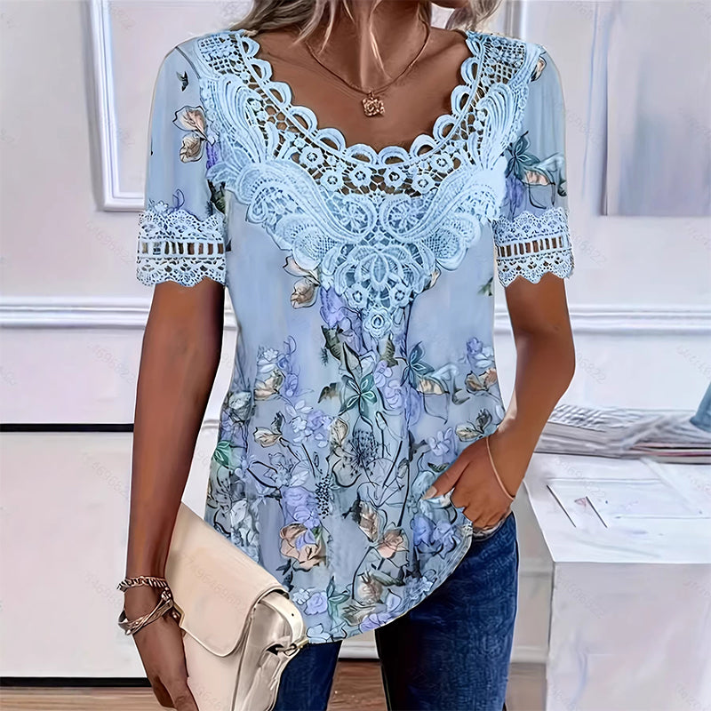T-shirt Femme Col Rond avec Bordure en Dentelle