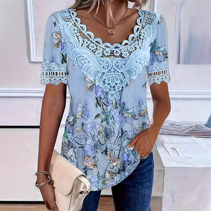 T-shirt Femme Col Rond avec Bordure en Dentelle