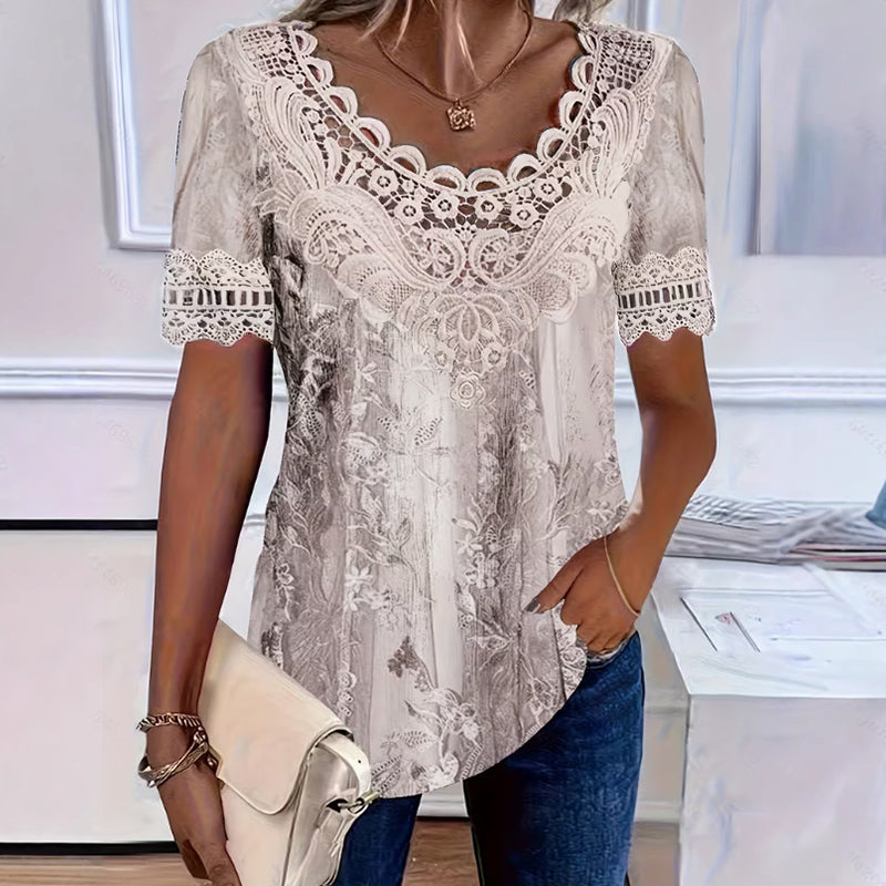 T-shirt Femme Col Rond avec Bordure en Dentelle