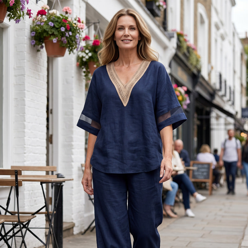 Ensemble élégant pour femme : top col en V et pantalon large