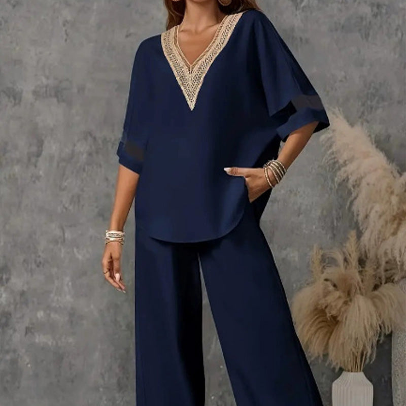 Ensemble élégant pour femme : top col en V et pantalon large