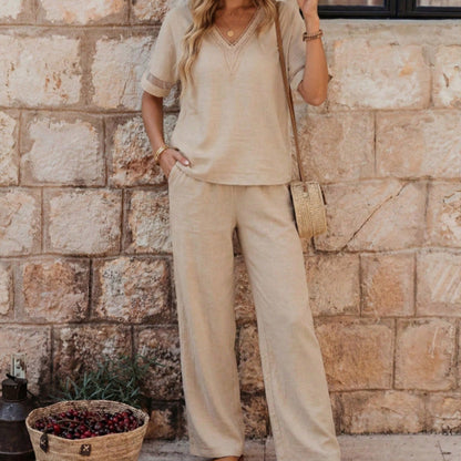 Ensemble élégant pour femme : top col en V et pantalon large
