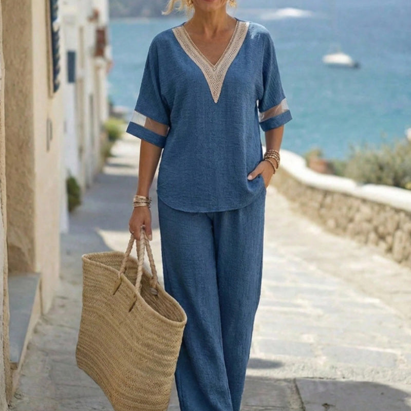 Ensemble élégant pour femme : top col en V et pantalon large