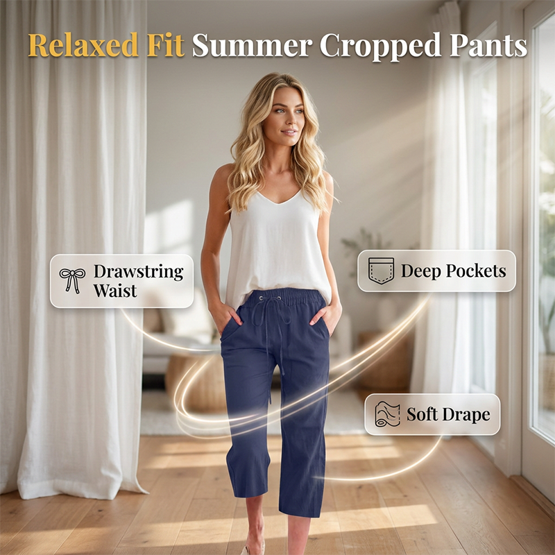 Pantalon capri décontracté en coton et lin pour femme, avec poches
