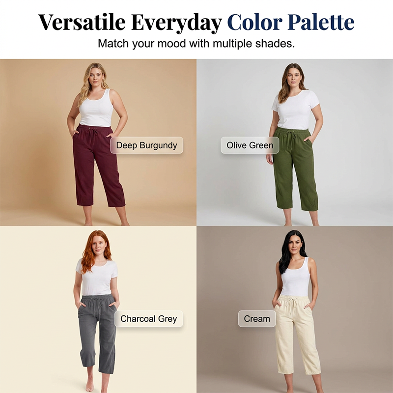 Pantalon capri décontracté en coton et lin pour femme, avec poches