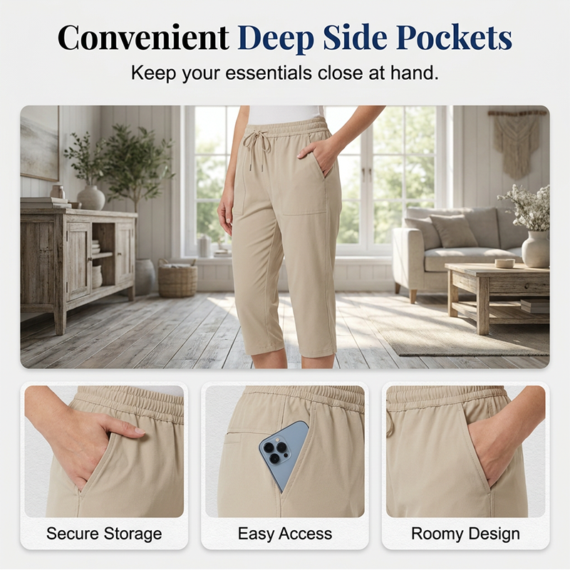 Pantalon capri décontracté en coton et lin pour femme, avec poches