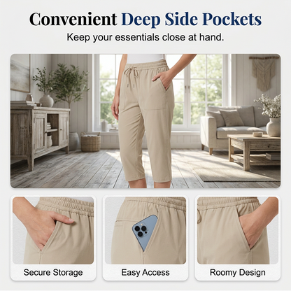 Pantalon capri décontracté en coton et lin pour femme, avec poches