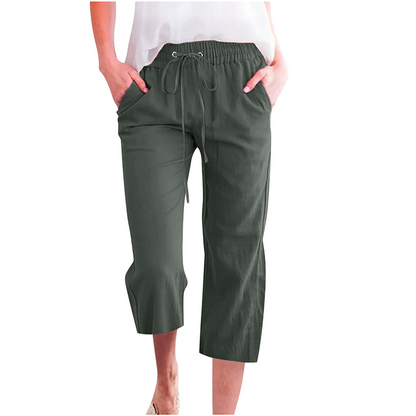 Pantalon capri décontracté en coton et lin pour femme, avec poches