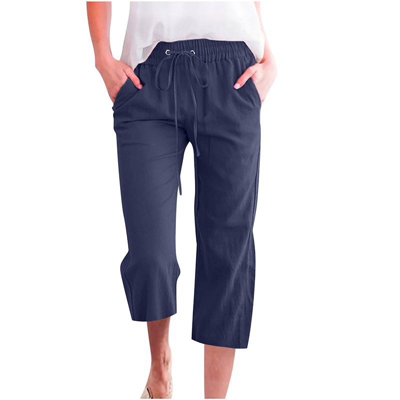 Pantalon capri décontracté en coton et lin pour femme, avec poches