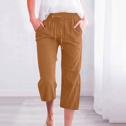 Pantalon capri décontracté en coton et lin pour femme, avec poches