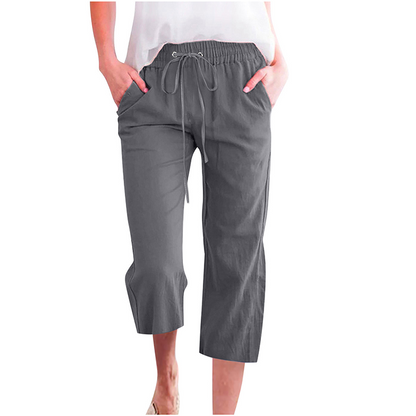 Pantalon capri décontracté en coton et lin pour femme, avec poches
