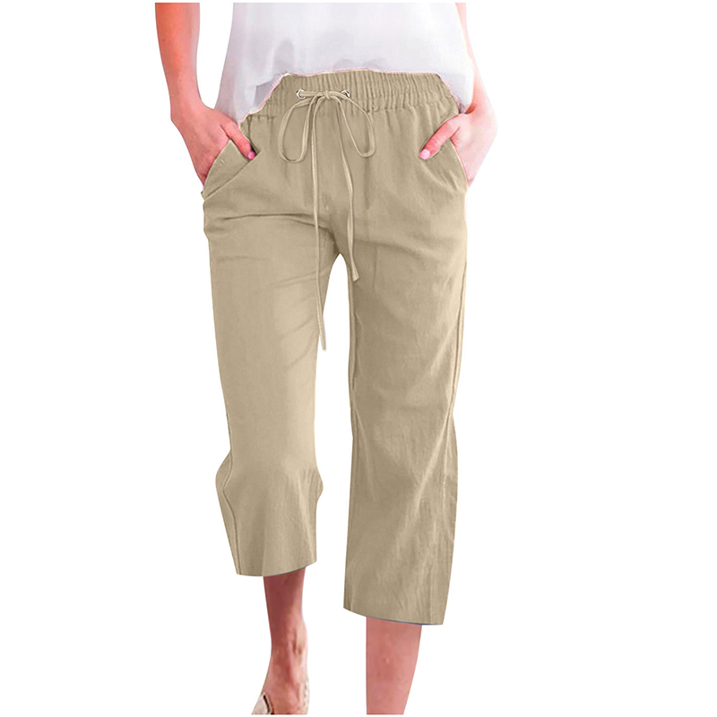 Pantalon capri décontracté en coton et lin pour femme, avec poches