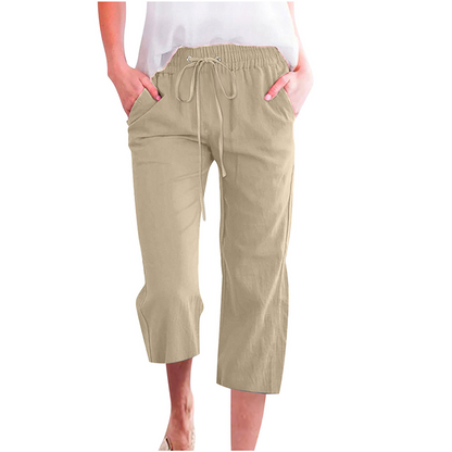 Pantalon capri décontracté en coton et lin pour femme, avec poches