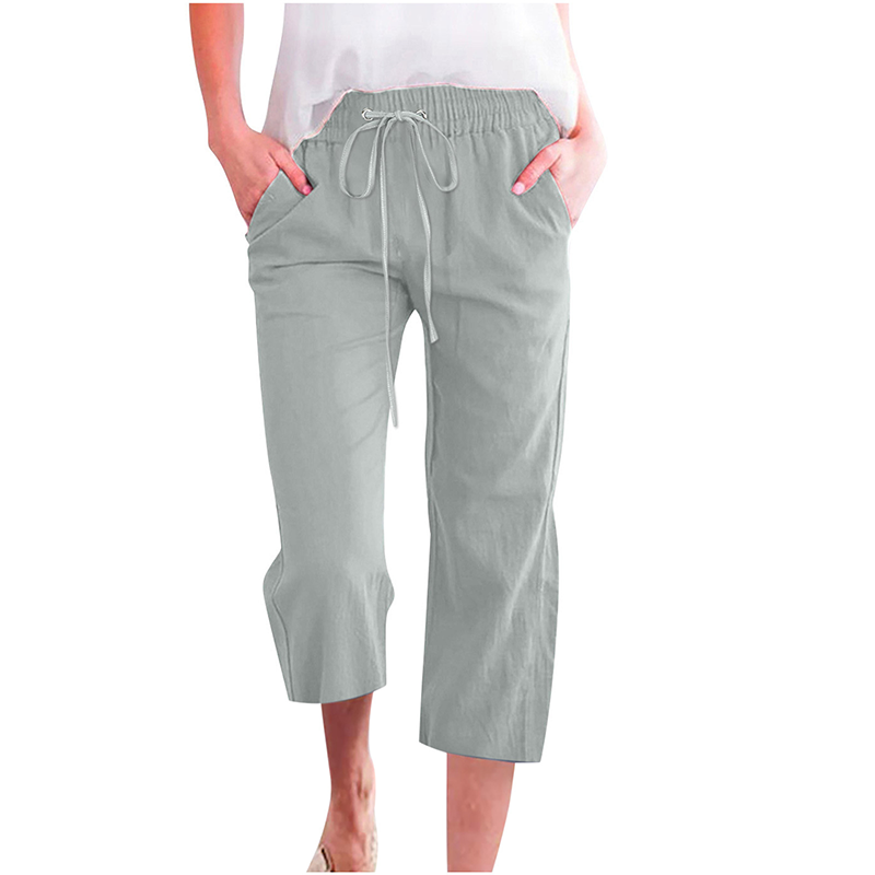Pantalon capri décontracté en coton et lin pour femme, avec poches