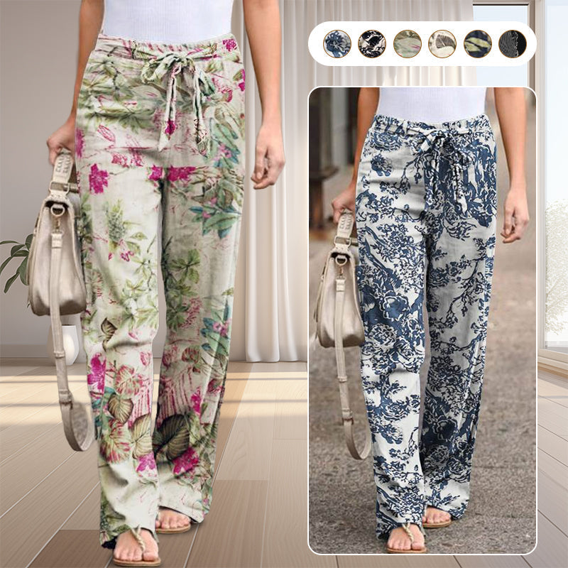 Pantalon pour femme à taille élastique en coton et lin, avec imprimé