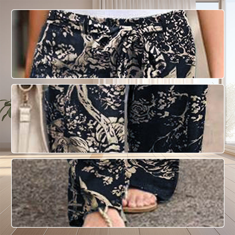 Pantalon pour femme à taille élastique en coton et lin, avec imprimé