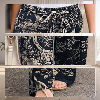 Pantalon pour femme à taille élastique en coton et lin, avec imprimé