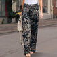 Pantalon pour femme à taille élastique en coton et lin, avec imprimé