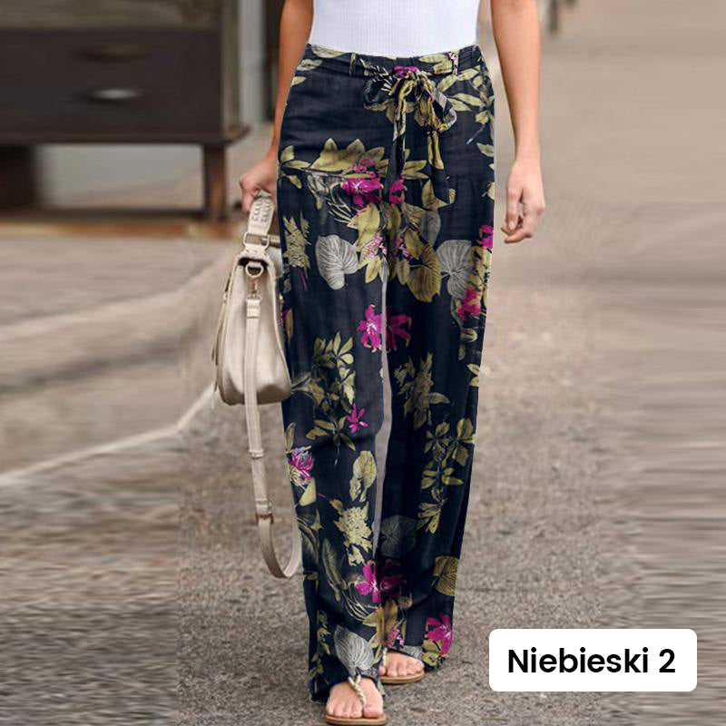 Pantalon pour femme à taille élastique en coton et lin, avec imprimé