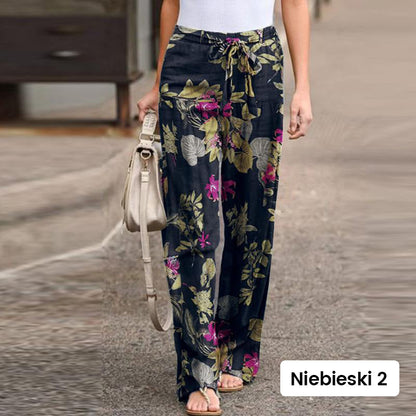 Pantalon pour femme à taille élastique en coton et lin, avec imprimé