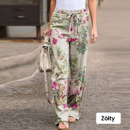 Pantalon pour femme à taille élastique en coton et lin, avec imprimé