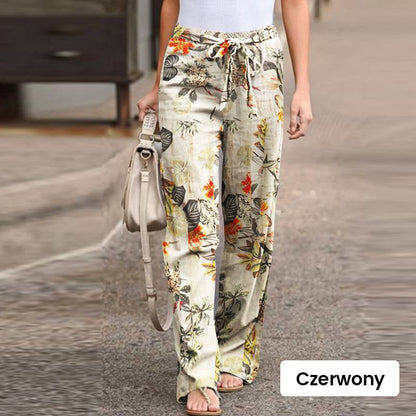 Pantalon pour femme à taille élastique en coton et lin, avec imprimé
